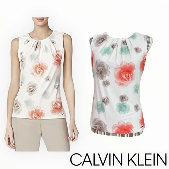 Calvin Klein Tops - CALVIN KLEIN | Ecru | FLOWER PRINTED TOP